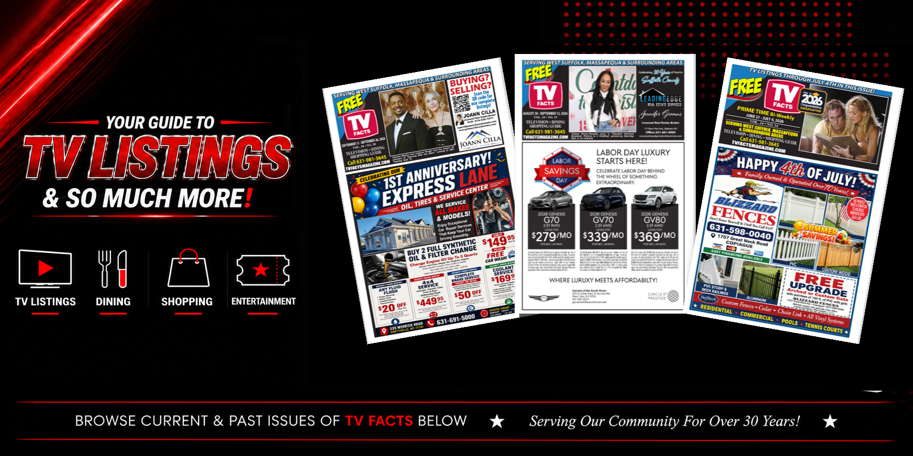 TV Facts promotional banner featuring TV listings, local dining, shopping, and entertainment guides