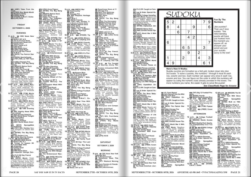 Complete TV and cable listings schedule