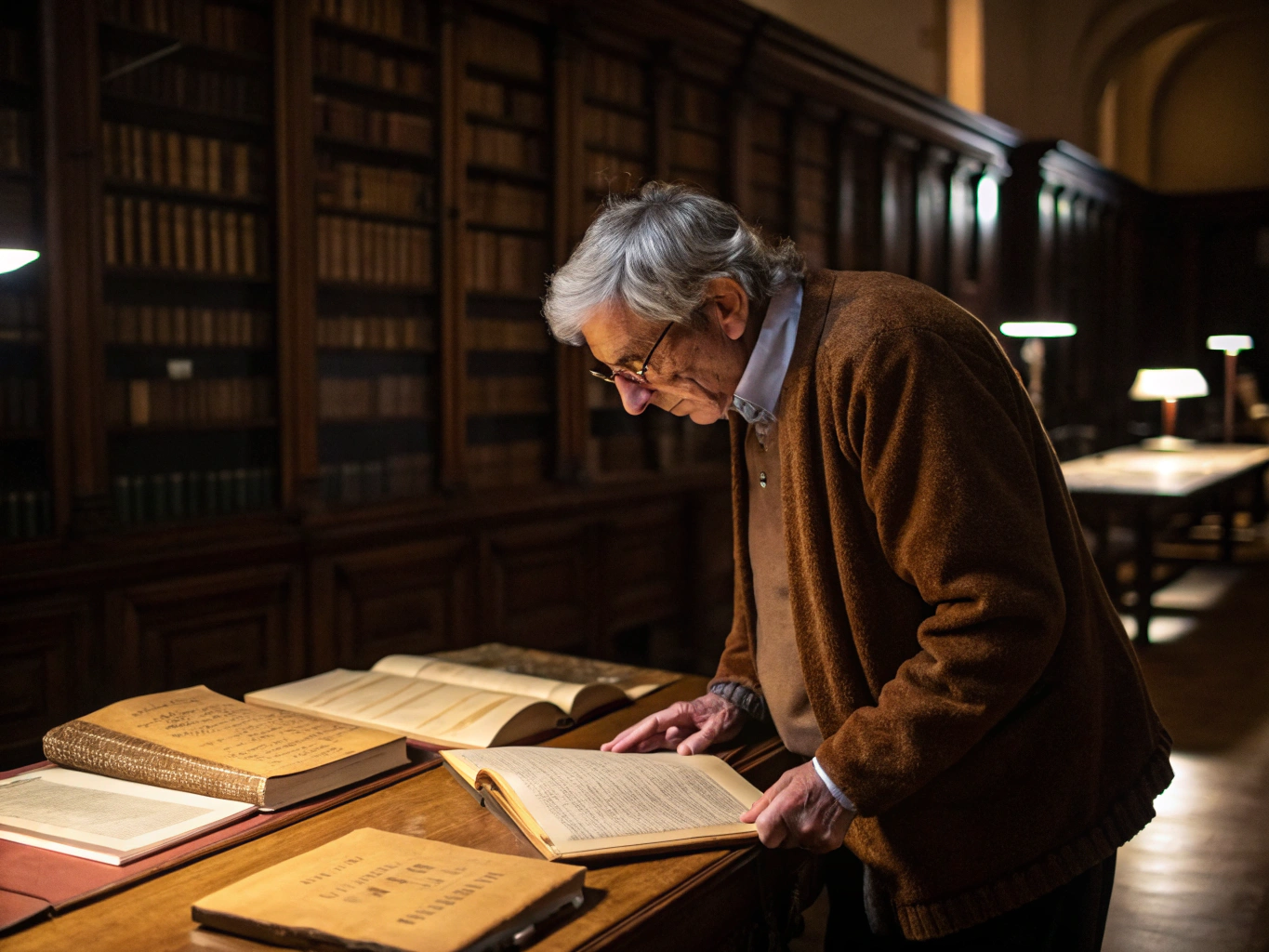 Investigative journalist examining documents in a dim library archive