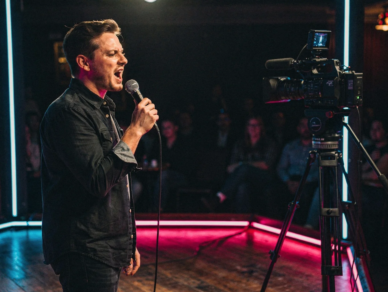 Standup performer on stage bathed in warm theater spotlight